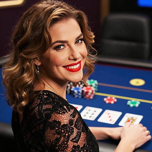 Photograph of a smiling woman with wavy brown hair, red lipstick, and black lace top, sitting at a poker table with colorful chips and cards