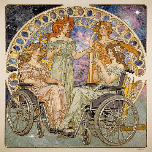 Victorian-style illustration of three redheaded women in flowing dresses; two in wheelchairs, one standing, surrounded by colorful, cosmic arch.