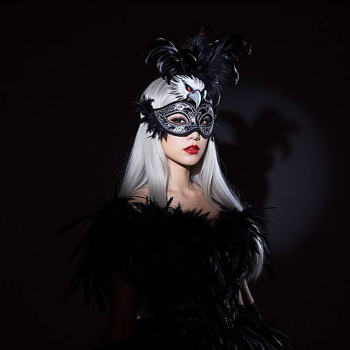 Digital art of a pale-skinned woman with silver hair, wearing a black feathered mask, red lips, and a black feathered cloak, against