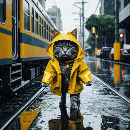 Gray Cat in Yellow Raincoat on Rainy Urban Street