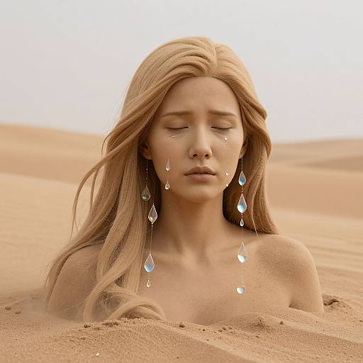 Digital artwork of a serene blonde woman with closed eyes, wearing diamond earrings, standing in a sandy desert, with tears on her cheeks and sand on her