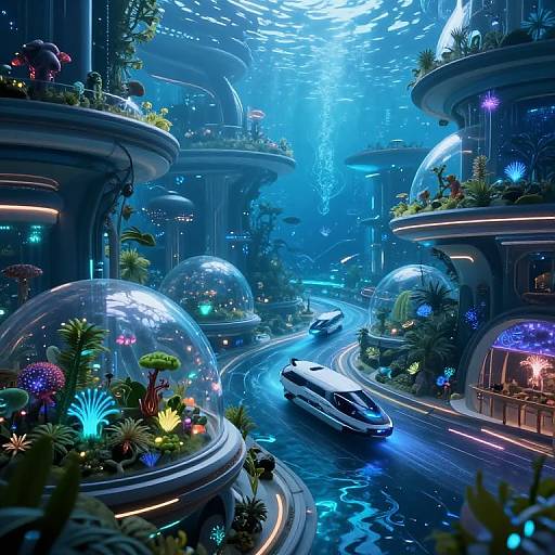Digital artwork of a futuristic, underwater city with glowing bioluminescent plants, clear domes, winding waterways, and sleek, high-tech vehicles