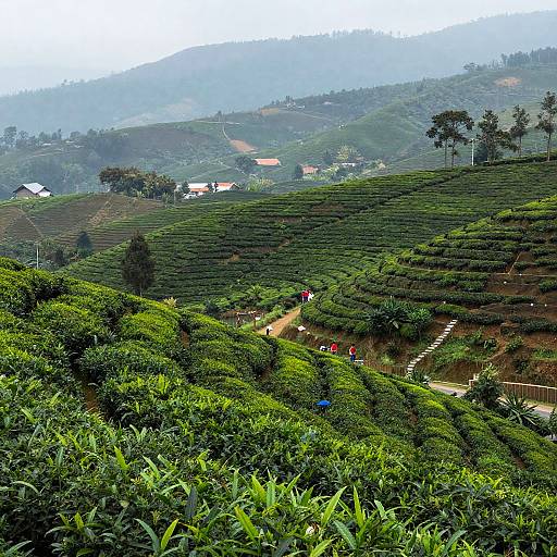Photograph of lush, terraced green tea fields with several small, colorful figures walking a path, set against a misty, hilly landscape.
