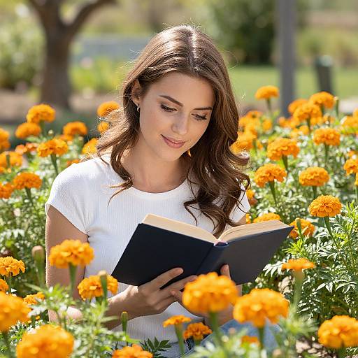 Photograph of a brunette woman with long hair, wearing a white shirt, reading a book amidst vibrant orange marigold flowers in a sunny garden.