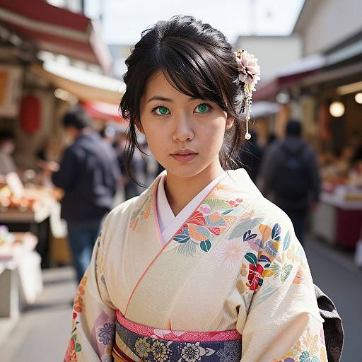 Photograph of a young Asian woman with green eyes, black hair in an updo, wearing a white floral kimono with pink obi, standing