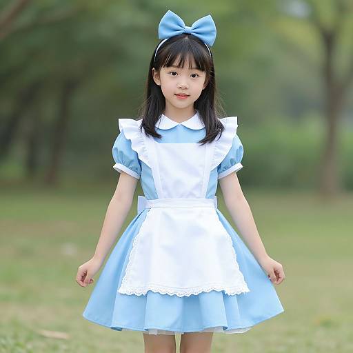 Young Asian girl with straight black hair wears blue Alice in Wonderland dress, white apron, and matching bow, standing in green park. Photograph.