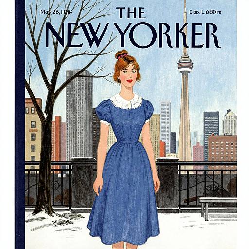 Digital illustration of a fair-skinned woman with red hair in a blue dress with white collar, standing in a winter cityscape, The New Yorker magazine