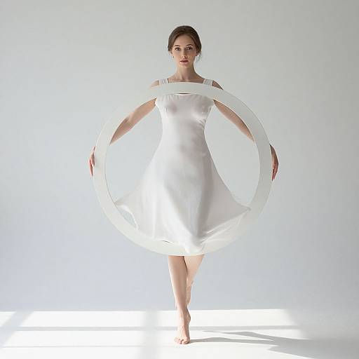 Photograph of a fair-skinned woman with dark hair in a white, sleeveless dress holding a large, glowing, white circular frame, standing bare