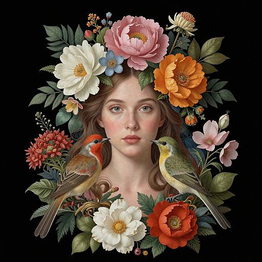 Digital art of a fair-skinned woman with blue eyes, surrounded by vibrant flowers and two colorful birds in a floral crown.