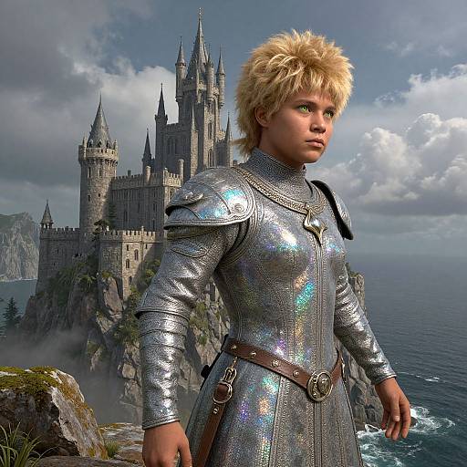 Digital art of a blonde, armored knight with iridescent armor, standing before a majestic, castle-topped cliff overlooking a stormy ocean.