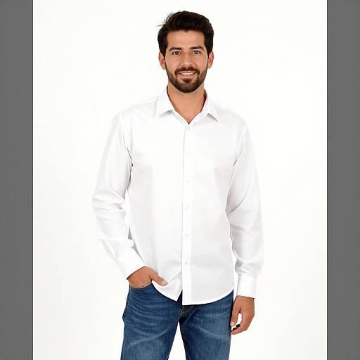 Photograph of a smiling, bearded man with short dark hair, wearing a white button-up shirt and blue jeans, standing against a white background with