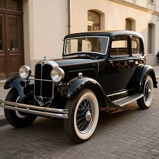 Photograph of a shiny, black vintage 1930s sedan with chrome accents, white-walled tires, and round headlights parked on a cobble
