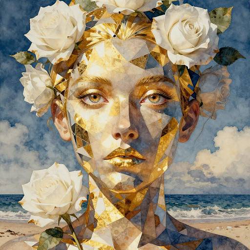 Golden Geometric Woman with White Rose