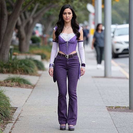 Photograph of a young woman with long black hair, wearing a purple and white crop top, black pants, and high heels, walking on a city