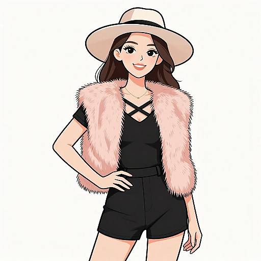 Chic Woman in Black Romper and Pink Vest