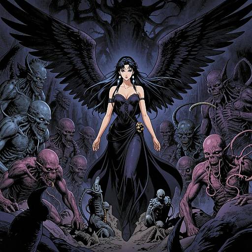 Digital comic art: Angelic woman with black wings, dark dress, and glowing eyes stands confidently amidst a horde of menacing, purple-skinned,
