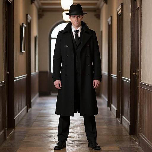 Photograph of a man in a long black coat, black hat, and tie standing in a dimly lit, wooden hallway.