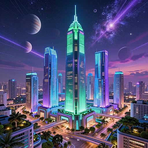 Futuristic Neon Cityscape with Cosmic Sky
