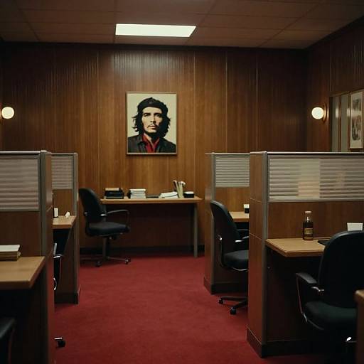 Photograph of a dimly lit office with wooden walls, red carpet, cubicles, black chairs, a desk, and a portrait of a black
