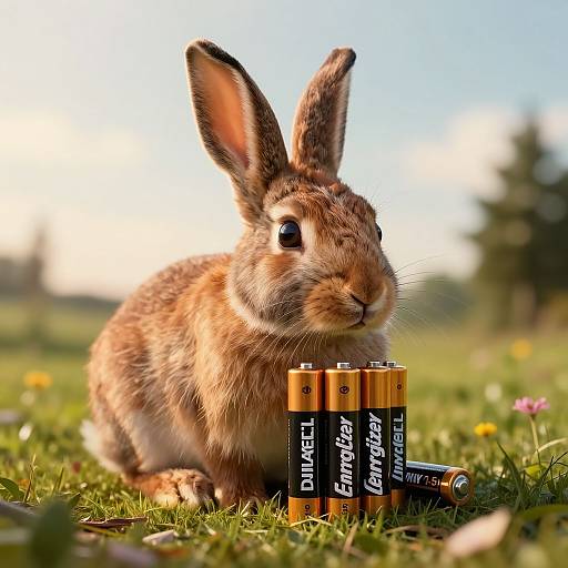 Photograph of a brown rabbit with large ears sitting on grass, surrounded by six AA Energizer batteries, in a sunlit, blurred outdoor field.
