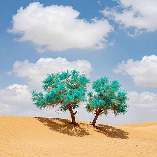 Photograph of two vibrant turquoise-leaved trees on a sandy hill under a bright blue sky with fluffy white clouds.