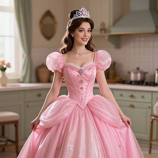 Photograph of a smiling woman in a pink, puffed-sleeve, princess-style ballgown with a tiara, standing in a softly