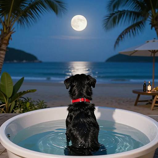 Photograph of a black dog with a red collar, sitting in a white inflatable pool at a moonlit beach, facing a glowing full moon over the