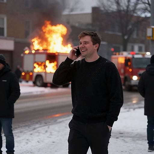 Urban Night Scene with Flames and Laughter