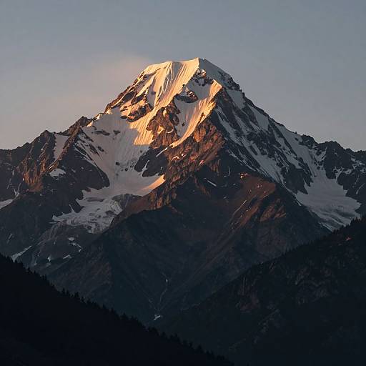 Photograph of a snow-capped mountain peak bathed in golden sunlight, with dark rocky slopes and a clear blue sky in the background.