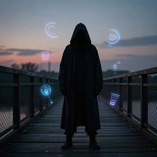 Silhouetted figure in hooded cloak stands on wooden bridge at dusk, surrounded by glowing blue and neon symbols against twilight sky.