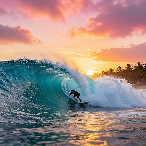 Photograph of a surfer riding a towering blue wave at sunset, with a vibrant orange and pink sky and silhouetted palm trees in the