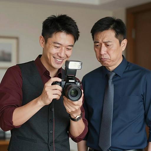 Two men examining camera photo