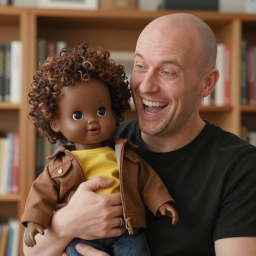Man Holding Dark-Skinned Curly-Haired Doll