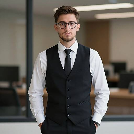 Photograph of a serious, bearded man with brown hair, black-rimmed glasses, white shirt, black vest, and tie, standing in