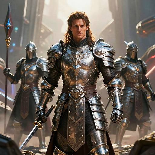 Photorealistic CGI of a muscular man with long brown hair in shiny medieval armor, holding a sword, surrounded by armored guards in a foggy,