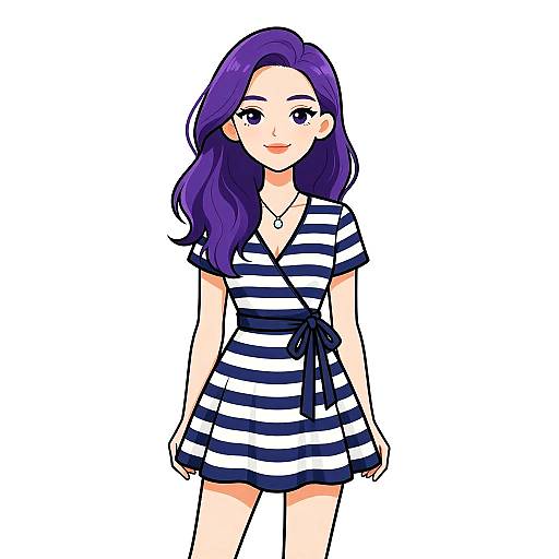Digital anime-style drawing of a young woman with long purple hair, wearing a black-and-white striped short-sleeve dress with a bow, standing against
