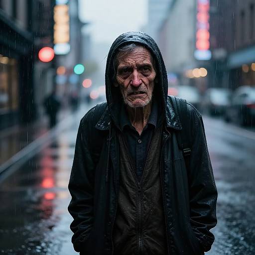 Photograph of a grizzled, weathered man with a black hooded raincoat standing on a rainy, neon-lit city street, rain