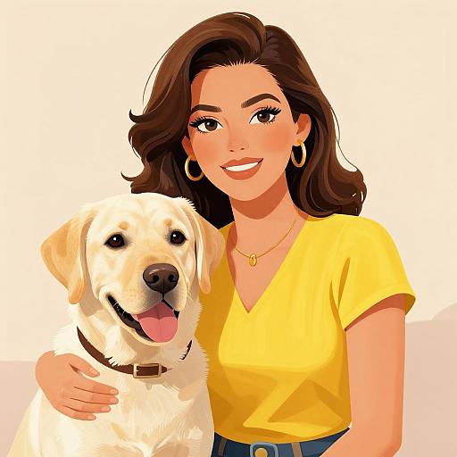 Digital illustration of a smiling woman with brown hair, wearing a yellow top and gold earrings, standing beside a happy white Labrador.