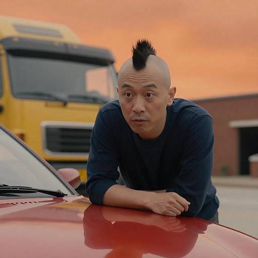 Bald Character with Mohawk by Red Car