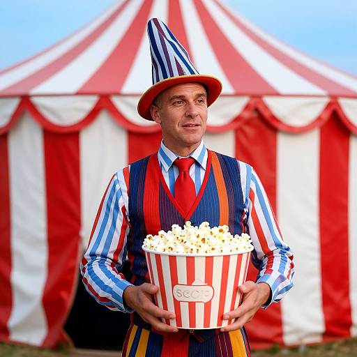 Photograph of a man in striped shirt, red tie, blue vest, and striped hat, holding popcorn, standing in front of a red and white