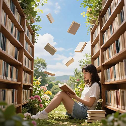 Photograph of a young woman with long black hair, wearing a white T-shirt and denim shorts, sitting between two bookshelves, reading books with