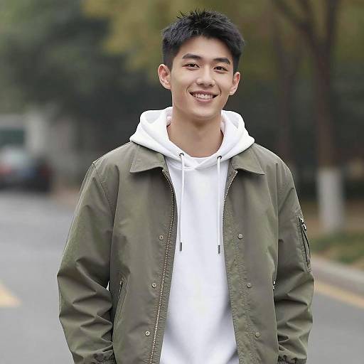 Smiling Young Man Outdoors in Casual Jacket and Hoodie