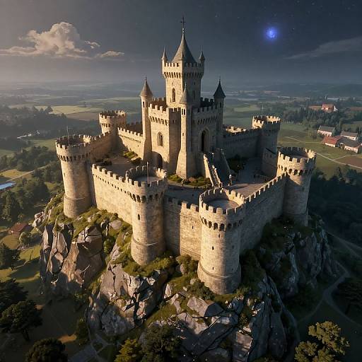 CGI image of a grand, castle-like medieval fortress with multiple towers, perched on a rocky cliff under a night sky with a glowing blue moon