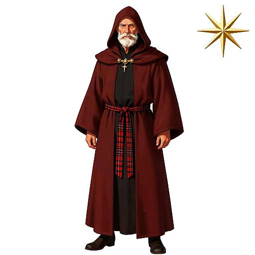 Medieval Elder in Red Hooded Robe
