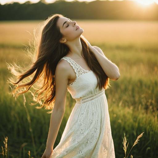 Young Woman in White Dress in Sunlit Field