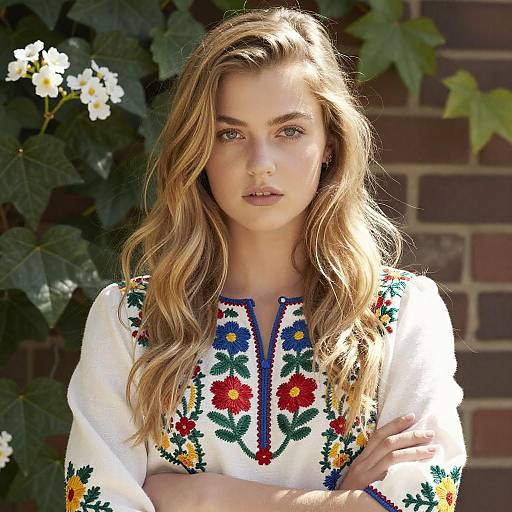 Serious Woman in Floral Blouse Portrait