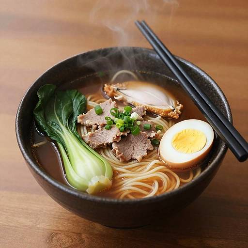 Photograph of a steamy bowl of ramen with tender beef slices, green bok choy, egg, and black chopsticks on a wooden table