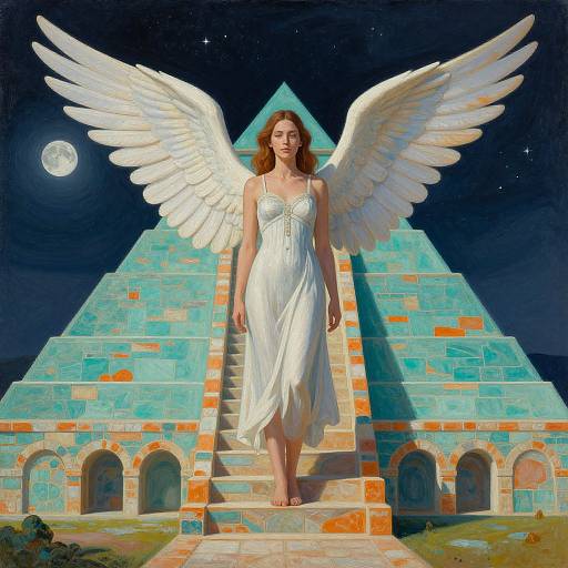 Digital painting of a white-winged angelic woman in a flowing white dress, standing on pyramid steps under a moonlit night sky.