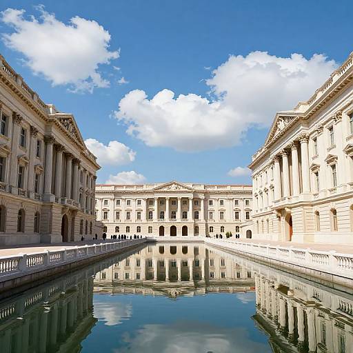 Photograph of a grand neoclassical courtyard with reflective water, flanked by symmetrical buildings, under a bright blue sky with fluffy clouds.
