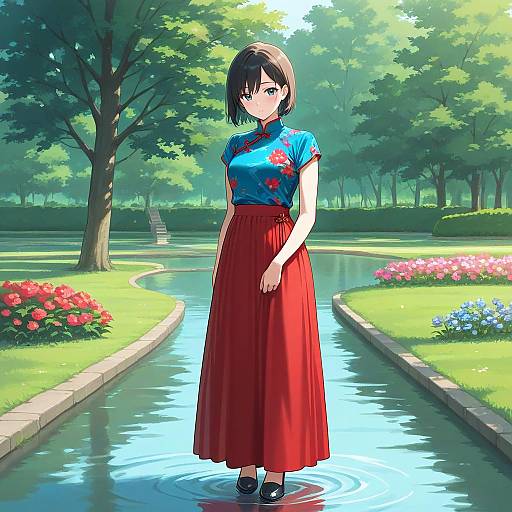 Girl in Floral Chinese Attire Outdoors